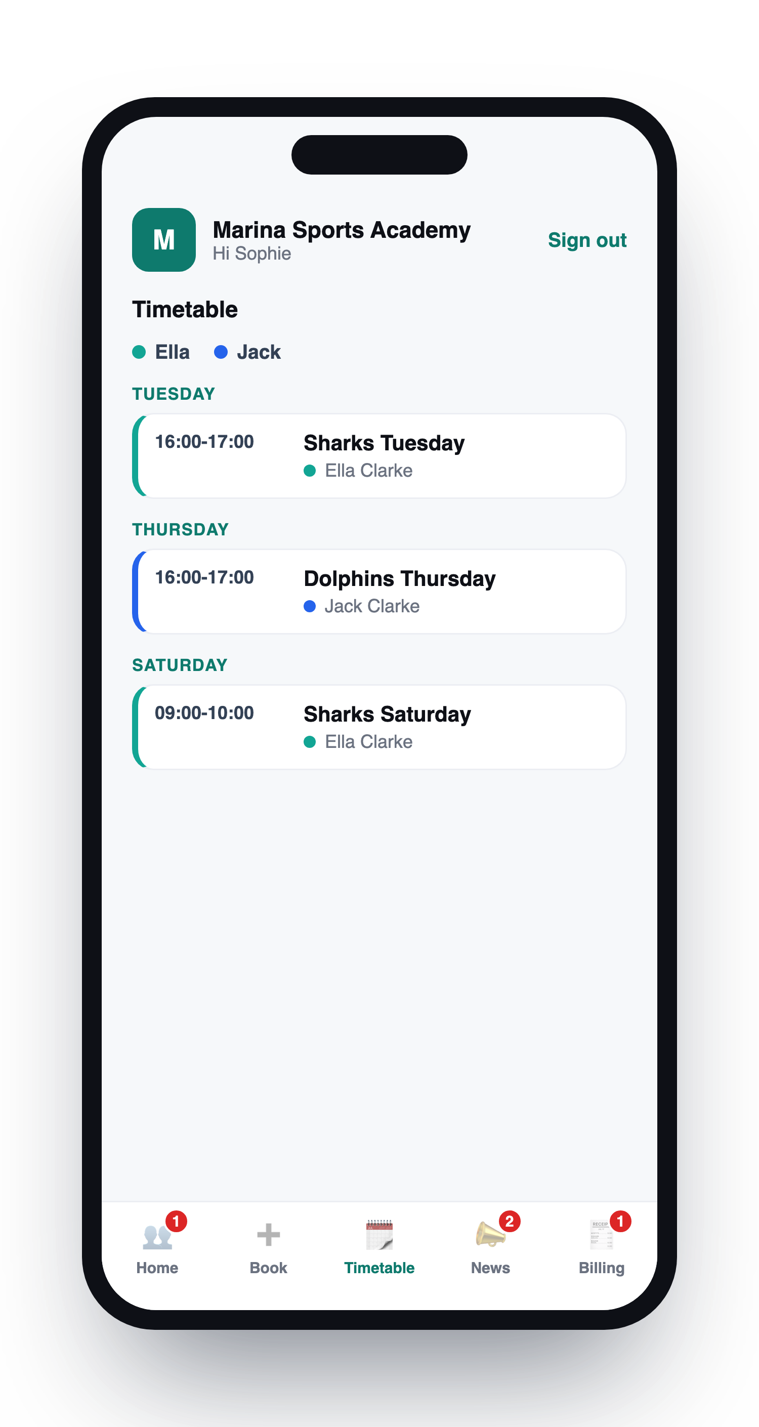 Schedly customer app timetable - sessions colour-coded per child with a legend